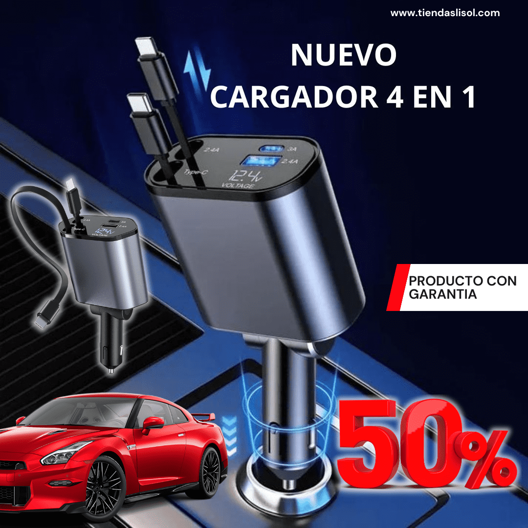 CARGADOR RETRÁCTIL PARA AUTO 4 en 1 - 50% Dst.